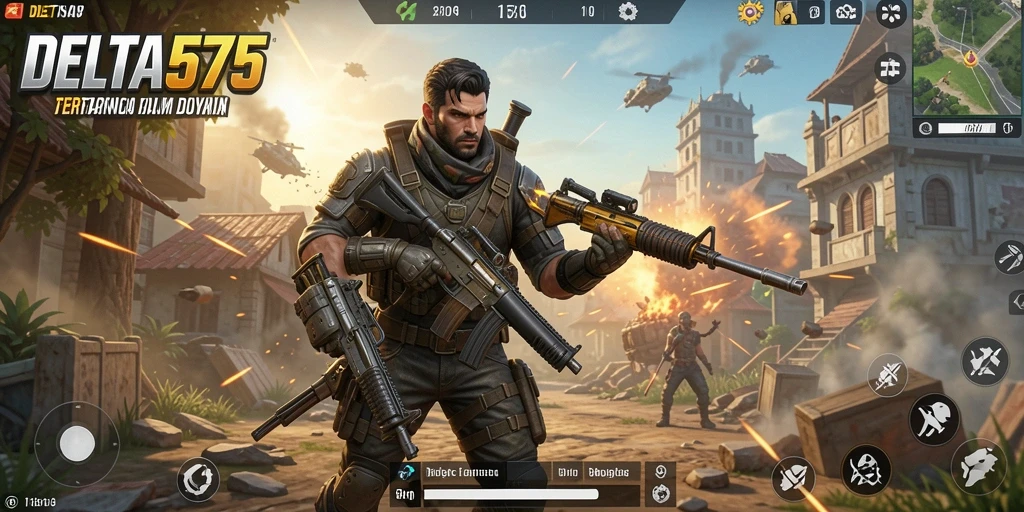 Tangkapan layar utama DELTA575 menampilkan aksi mendebarkan Battle Royale.