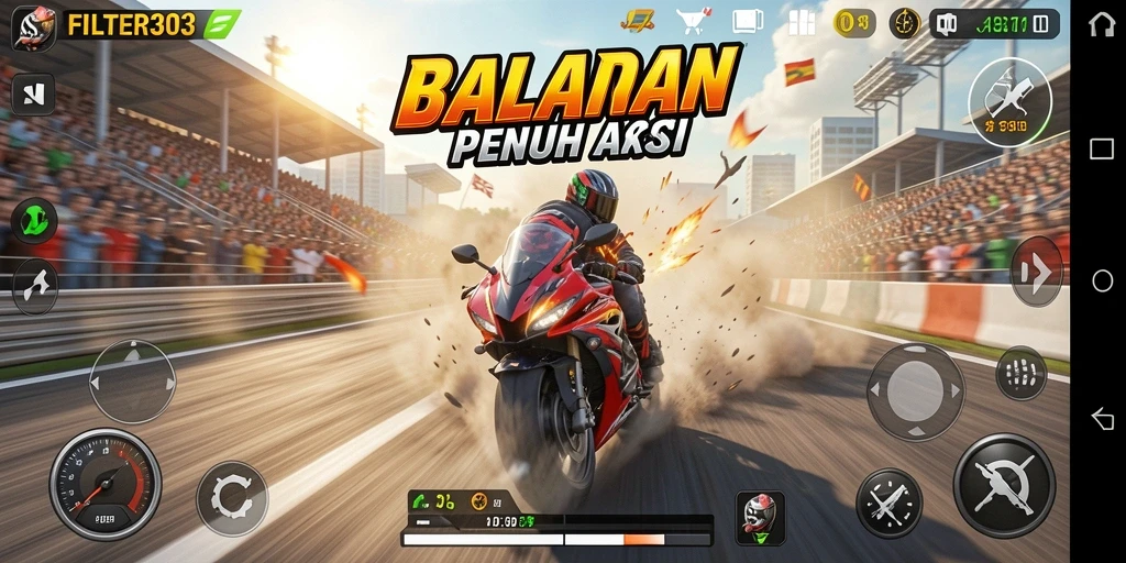 Gameplay seru di FILTER303 dengan aksi balapan menegangkan.