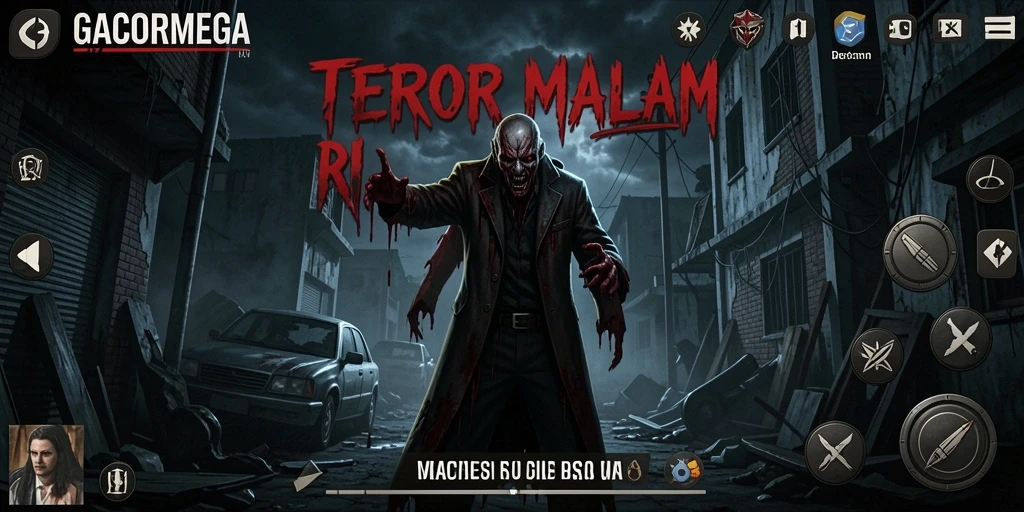 Screenshot gameplay GACORMEGA menampilkan suasana mencekam dan horor.