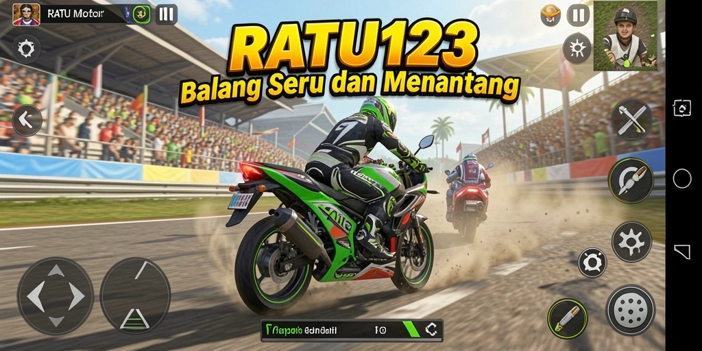 Screenshot gameplay RATU123 menampilkan balapan motor yang mendebarkan di trek yang menantang.