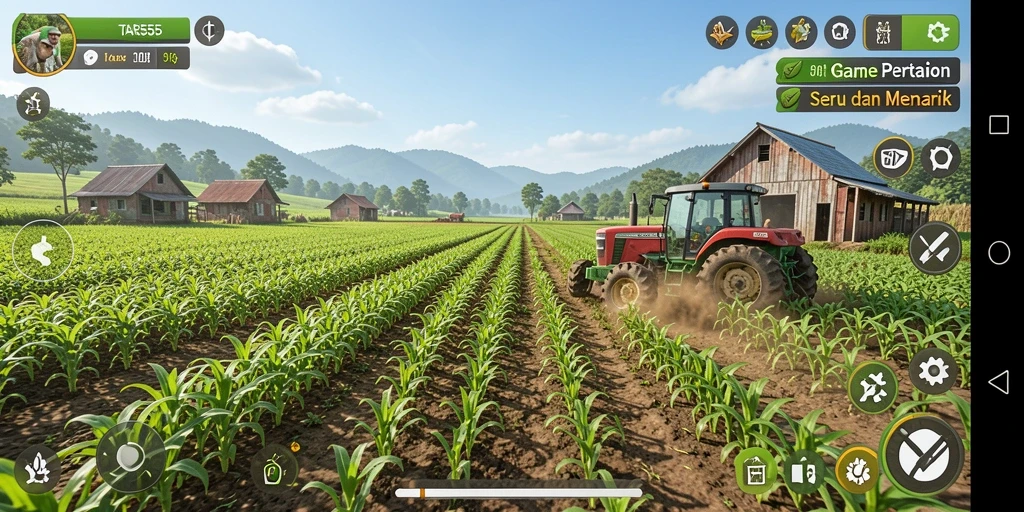 Screenshot gameplay TAR555 menampilkan petak pertanian yang hijau dan berwarna-warni.