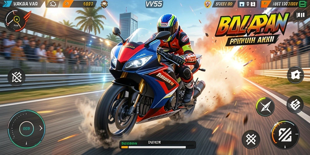 Tampilan gameplay <strong>VV55</strong> yang mendebarkan dan penuh aksi balapan motor.