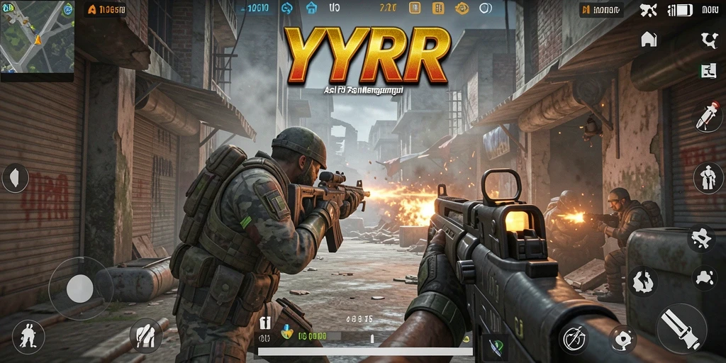 Tampilan gameplay YYRR dengan aksi menegangkan dari sudut pandang FPS.
